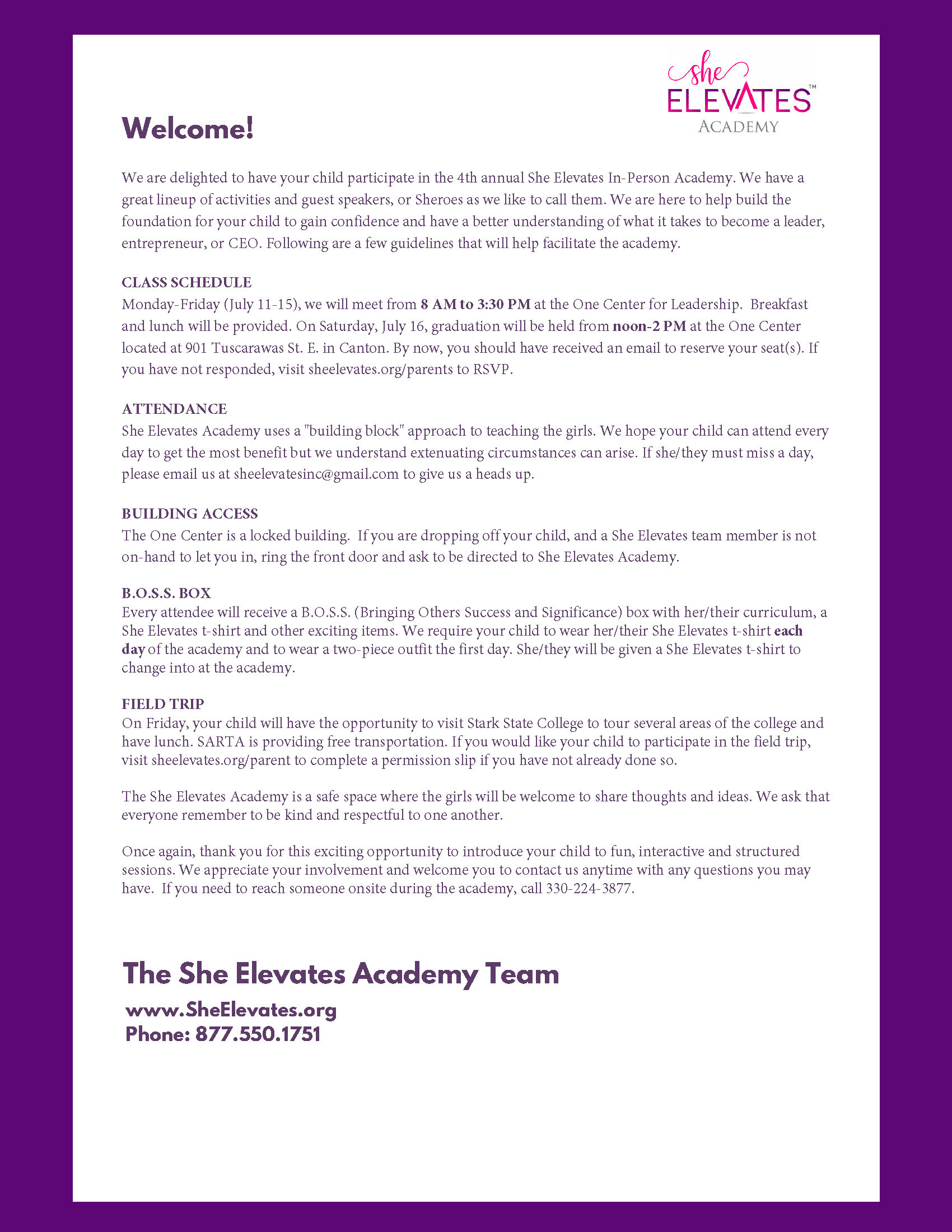 2022 She Elevates In-Person Parent Welcome Letter